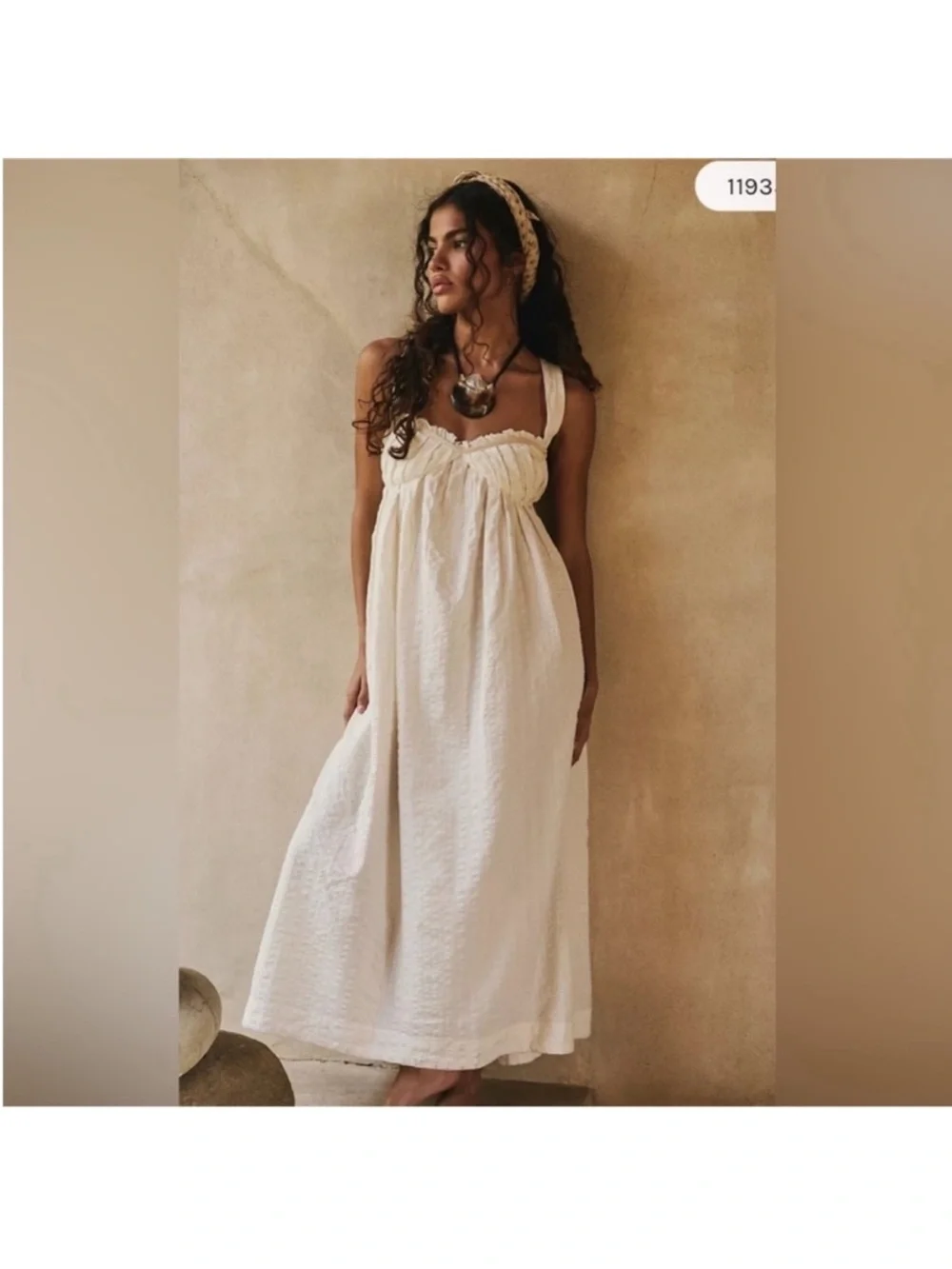 Free People est Small White Ivory Midi Cotton Dress Seersucker